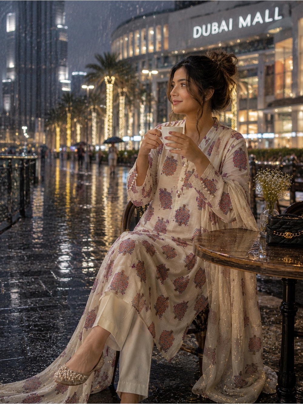 SANA SAFINAZ 2 piece Printed Cream Tunic Top with duppata